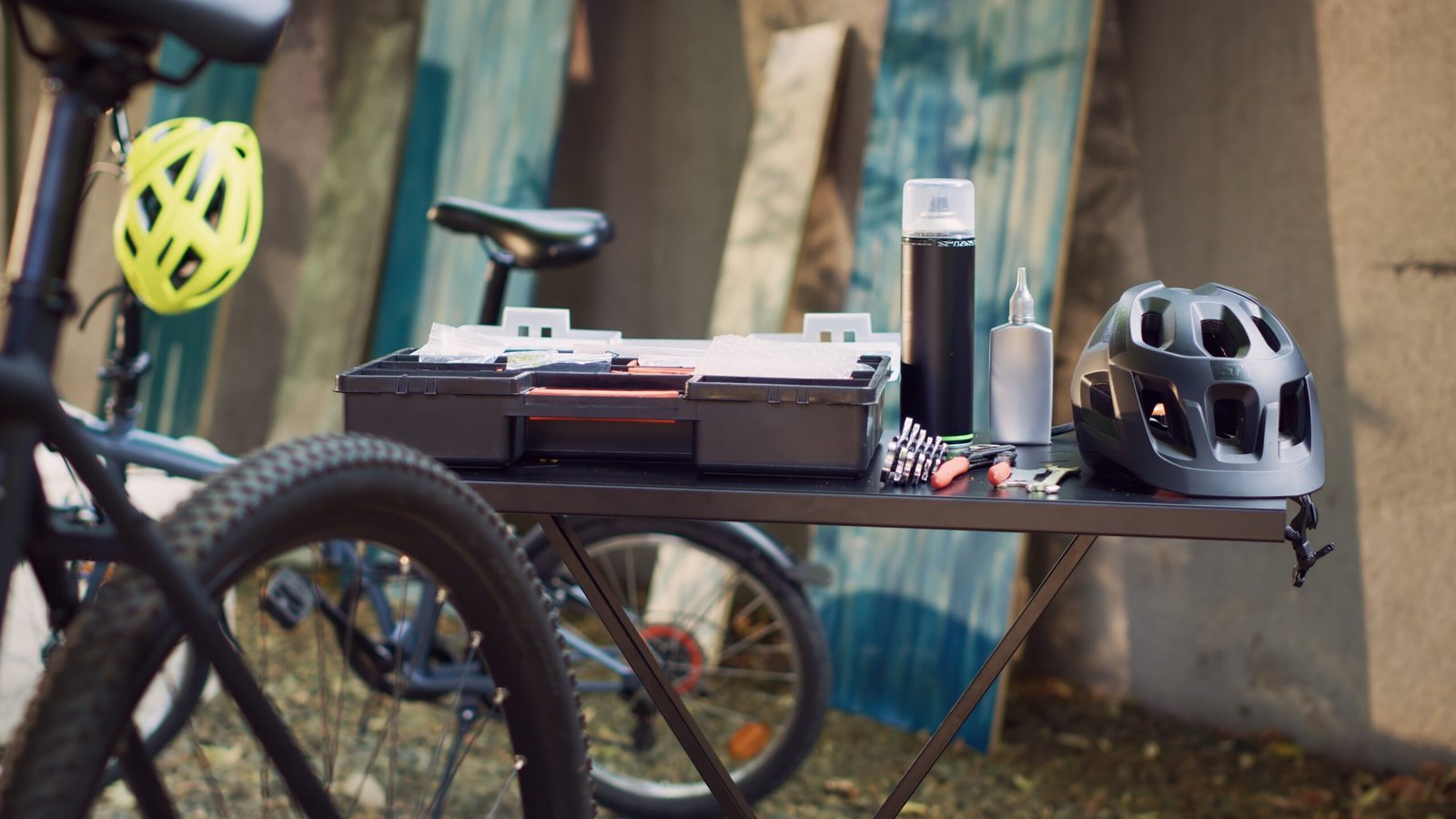 View of professional toolbox placed on table near other tools and helmet ready for bike maintenance outdoors. In yard, close-up of different specialized tools and bicycle helmet positioned on table.